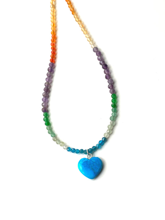 Rainbow Mixed Stones and Turquoise Heart
