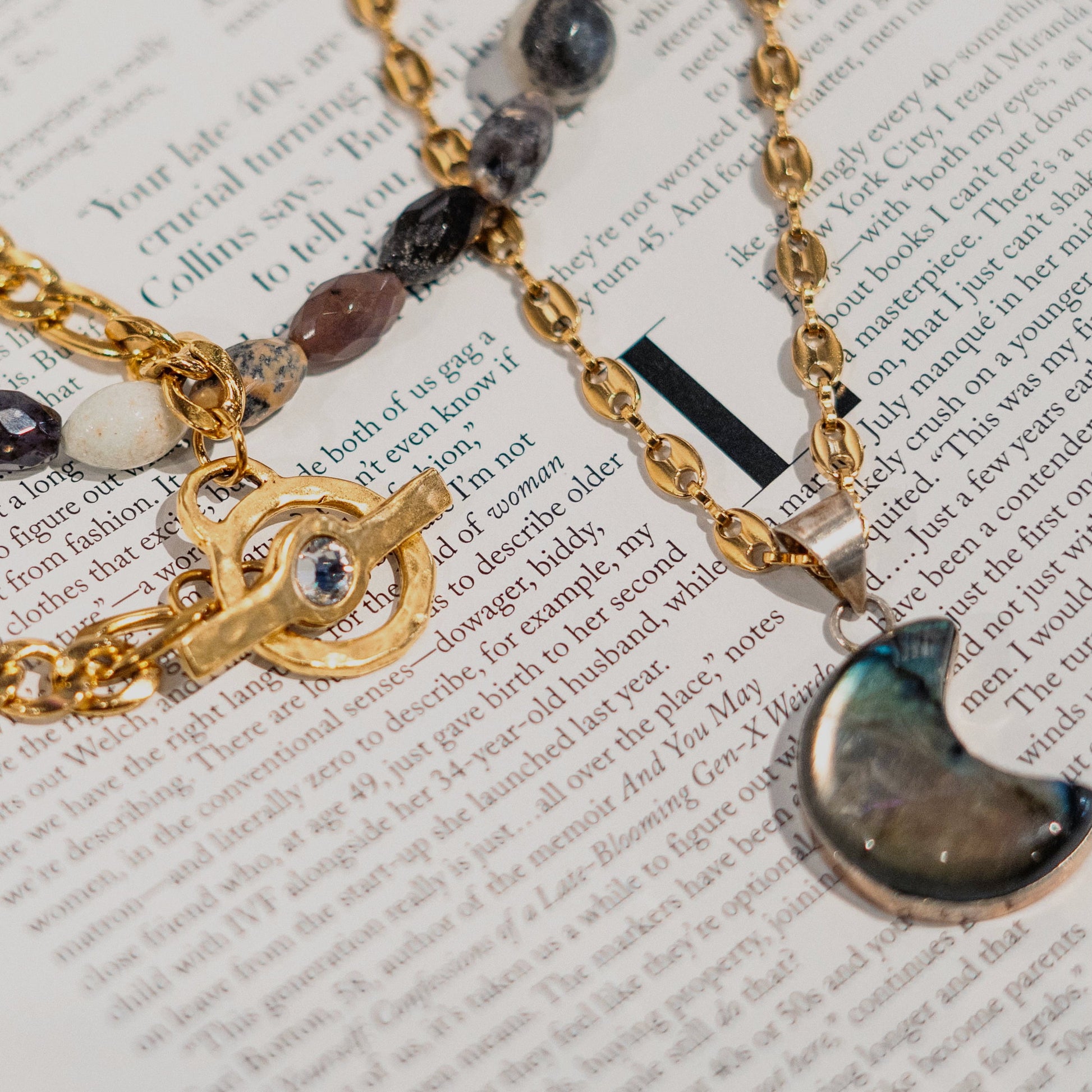 Necklace with a moon-shaped pendant on an open book