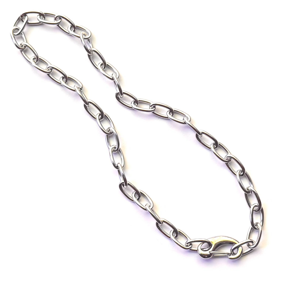 A silver-toned metal chain necklace with elongated oval links and a polished clasp, photographed on a plain white background.