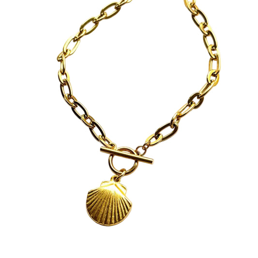 Gold chain necklace with a shell pendant on a white background