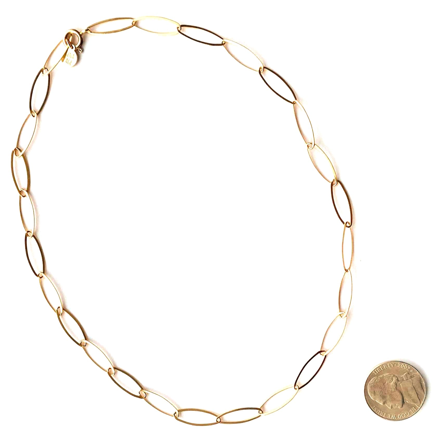 Gold chain necklace with a coin for scale on a white background